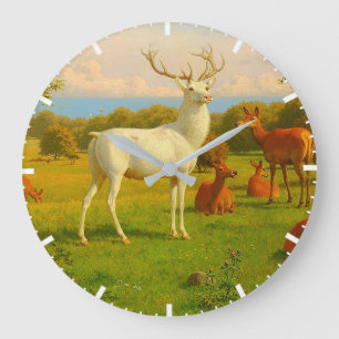 White Stag Deer In Open Field Nature Wildlife Large Clock