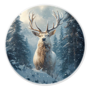White Stag in the Winter Woods Art Ceramic Knob