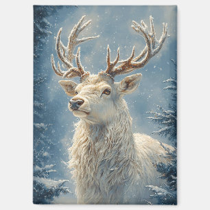 White Stag Portrait Mystical Winter Art Magnet