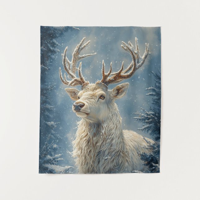 White Stag Portrait Mystical Winter Art Tapestry (Front)