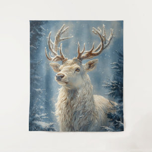 White Stag Portrait Mystical Winter Art Tapestry