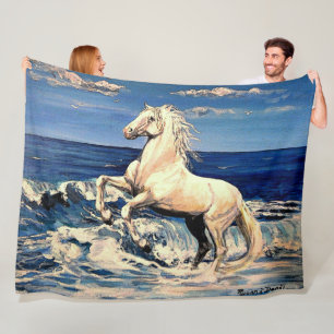White Stalion, Andalusian horse in ocean/seascape Fleece Blanket