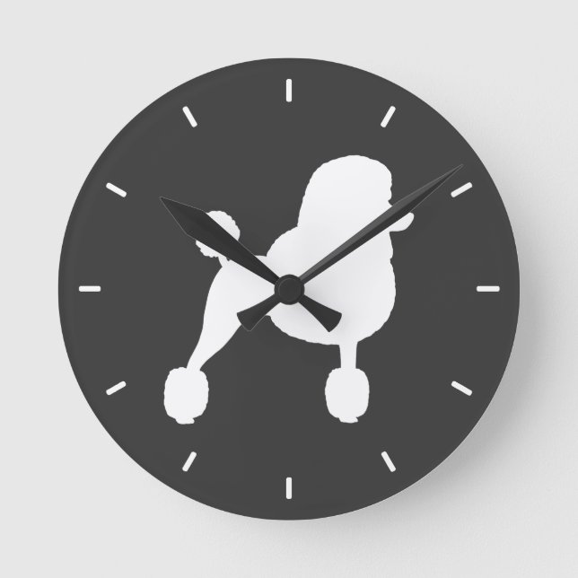 White Standard Poodle Silhouette Round Clock (Front)