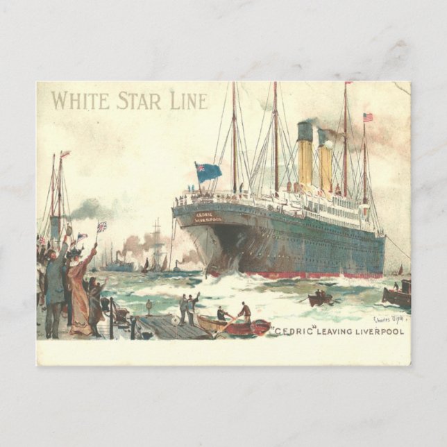 White Star Line R.M.S. Cedric leaves Liverpool Postcard (Front)