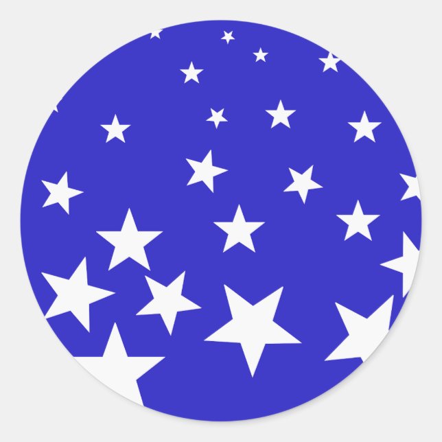 White star pattern on blue background classic round sticker (Front)