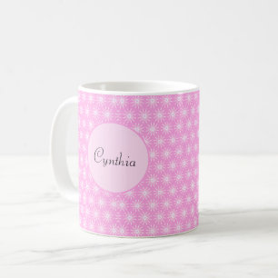 White Starburst Flowers on Pink Coffee Mug