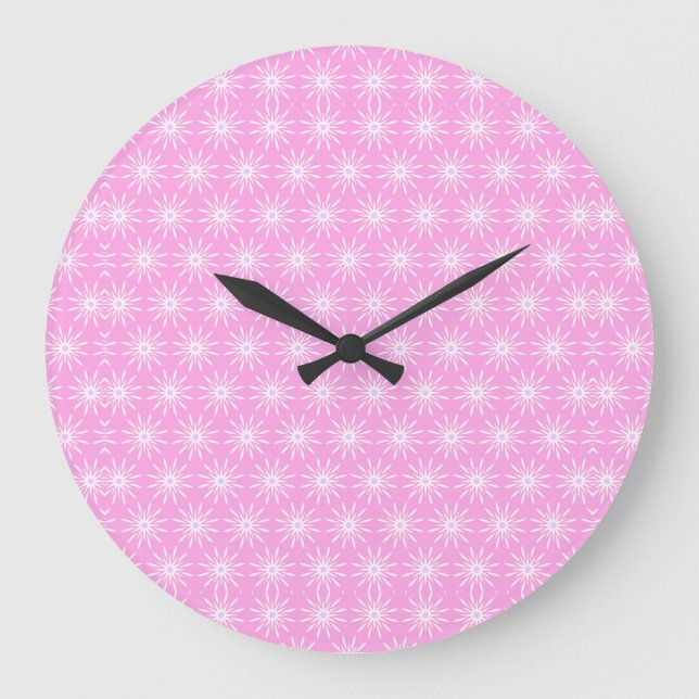 White Starburst Flowers on Pink Large Clock (Front)