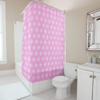 White Starburst Flowers on Pink Shower Curtain