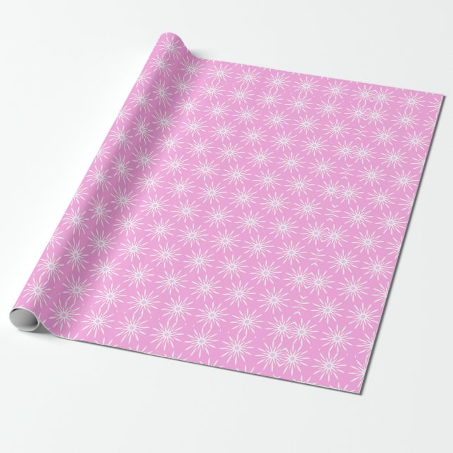 White Starburst Flowers on Pink Wrapping Paper (Unrolled)