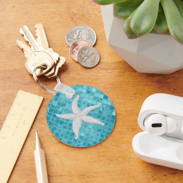 White Starfish Aqua Sea Glass Pattern Key Ring (Desk)