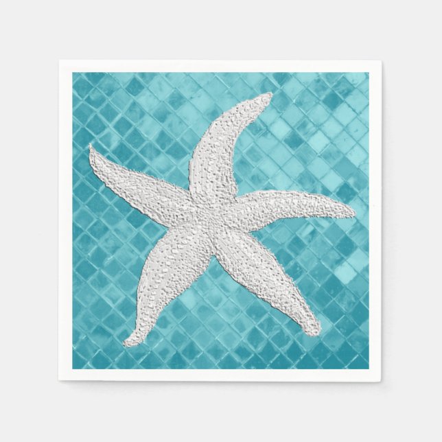 White Starfish Aqua Sea Glass Pattern Napkin (Front)