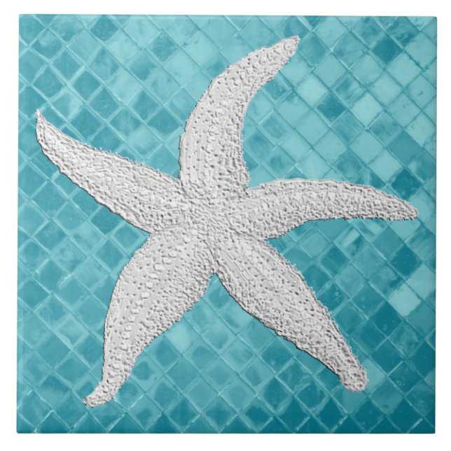 White Starfish Aqua Sea Glass Pattern Tile (Front)