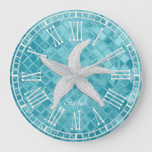 White Starfish Aqua Sea Glass Personailize Large Clock