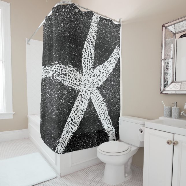 White Starfish Black Glitter Classy Elegant Decor Shower Curtain (In Situ)