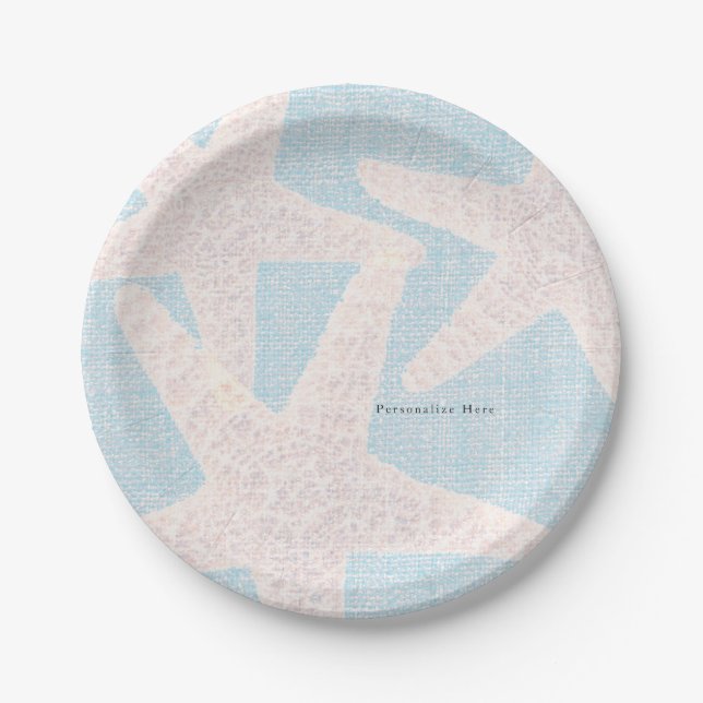 White Starfish & Blue Burlap Beach Party Reception Paper Plate (Front)