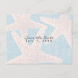 White Starfish & Blue Burlap Beach Save the Date Announcement Postcard