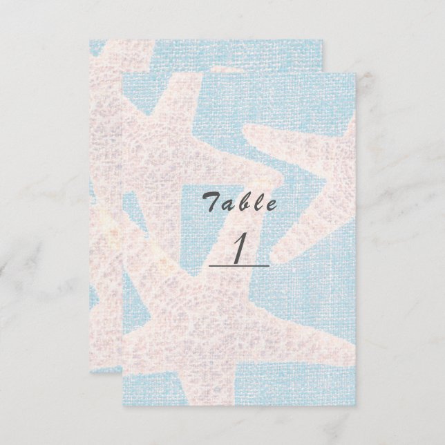 White Starfish & Blue Burlap Beach Table Number (Front/Back)