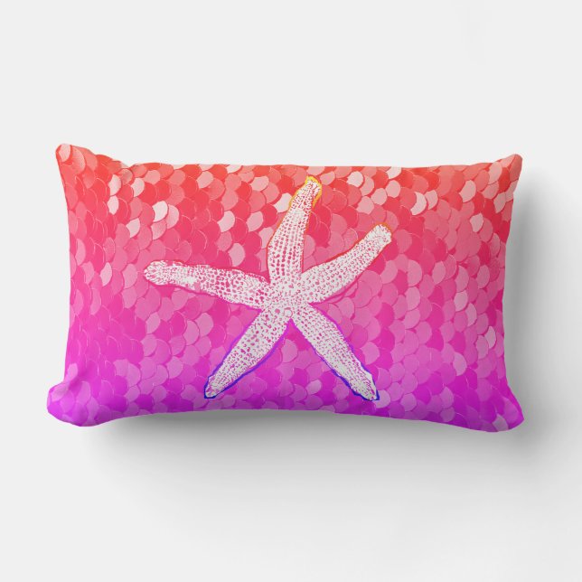 White Starfish Glittery Mermaid Sequins Pink Cute Lumbar Cushion (Front)