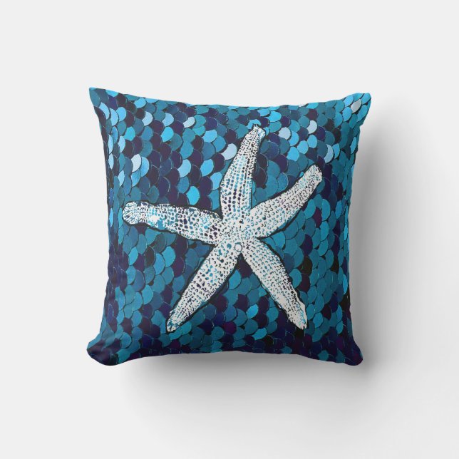 White Starfish Glittery Sparkly Mermaid Teal Blue Cushion (Front)