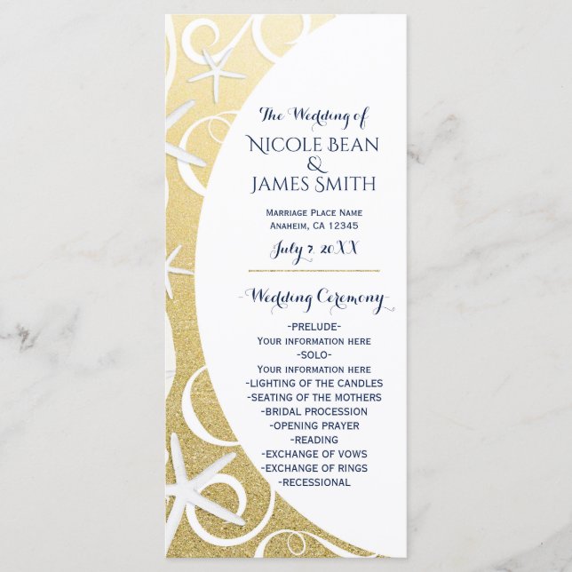 White Starfish Gold Beach Wedding Program Programme (Front)