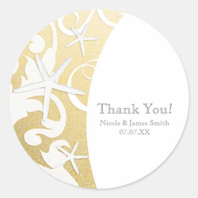 White Starfish Gold Elegant Beach Wedding Favour Classic Round Sticker (Front)