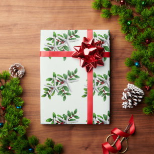 White Starfish n Holly Pattern Pale Green Wrapping Paper
