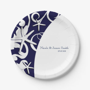 White Starfish Navy Blue Beach Elegant Wedding Paper Plate