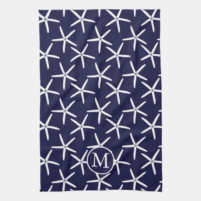 White starfish on a navy blue background tea towel (Vertical)