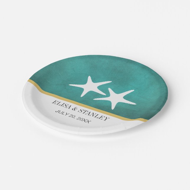 White starfish on teal stained beach wedding paper plate (Angled)