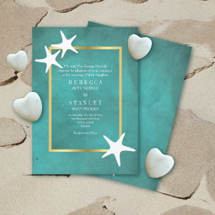 White starfish on teal stained paper beach wedding invitation