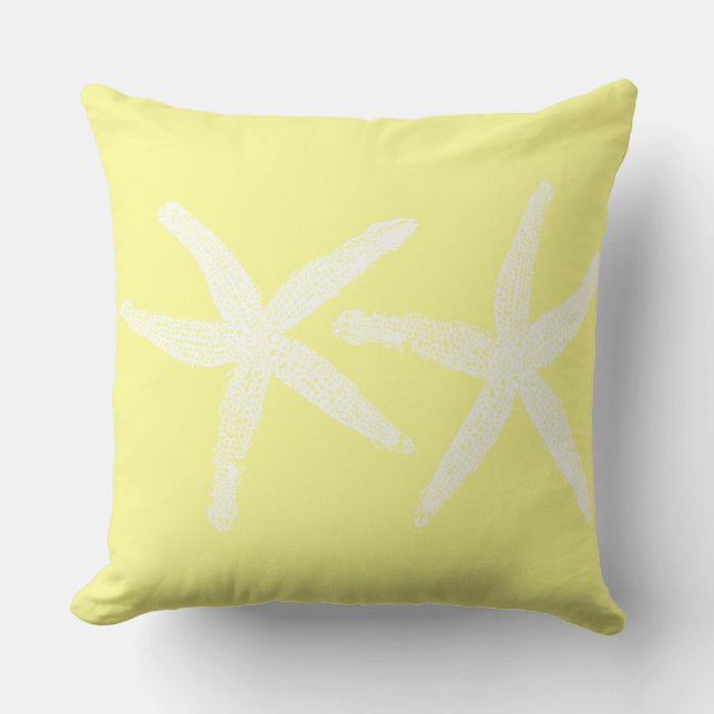 White Starfish Pastel Yellow Sunshine Beach Cotton Cushion (Front)