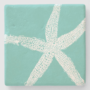 White Starfish Pattern Beach Teal Blue Nautical Stone Coaster