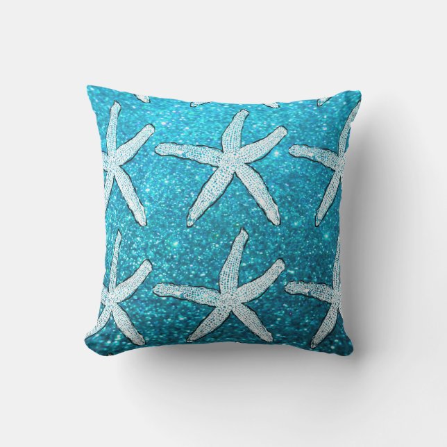 White Starfish Patterns Glittery Sparkly Teal Blue Cushion (Front)