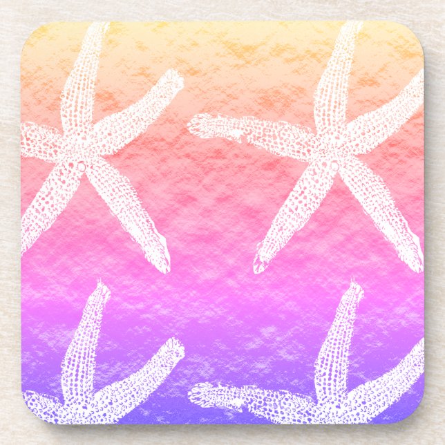White Starfish Patterns Golden Foil Pink Purple Coaster (Front)