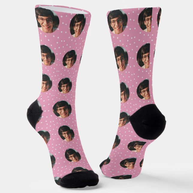 White stars and custom photo pattern on pink socks (Angled)