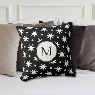 White Stars And Dots On Black Monogram  Cushion