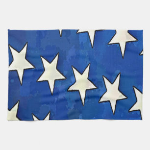White Stars Blue Background Tea Towel