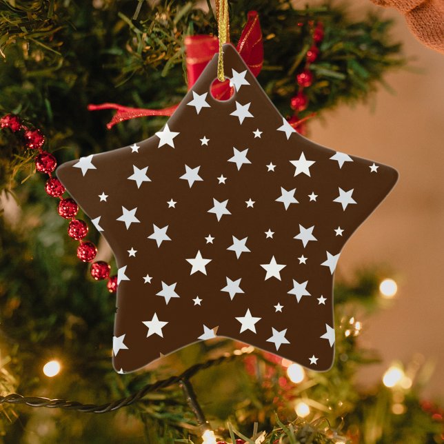White Stars on Brown Christmas Holidays  Ceramic Tree Decoration (Creator Uploaded)