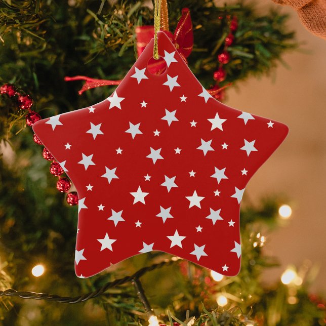 White Stars on Red Christmas Holidays Ceramic Tree Decoration (Creator Uploaded)