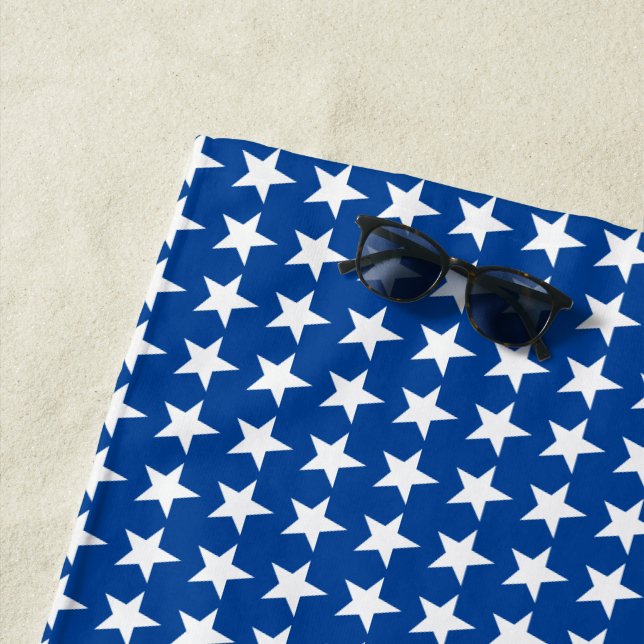 White Stars Pattern on Blue American Flag Theme Beach Towel (In Situ)