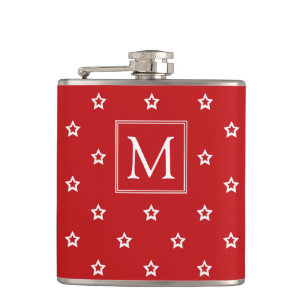 White Stars Pattern on Bright Red Monogram Hip Flask