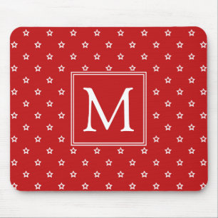 White Stars Pattern on Bright Red Monogram Mouse Pad