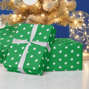 White Stars, Snowflakes, Green Christmas Holidays Wrapping Paper