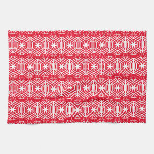 White Stars, Snowflakes, Red Christmas Holiday Tea Towel