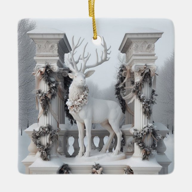 White Statue Reindeer Ceramic Ornament (Front)