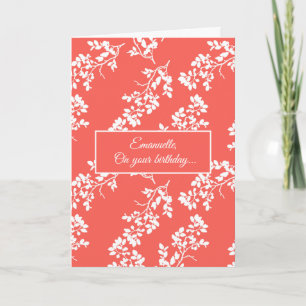 White Stems on a Coral Background Birthday Card