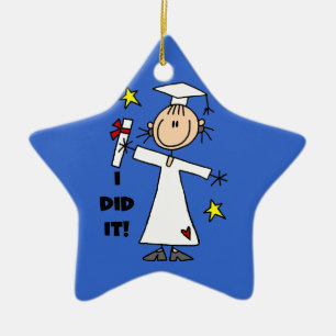 White Stick Figure Girl Graduate on Blue Ceramic Tree Decoration