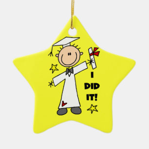 White Stick Figure Male Graduate on Yellow Ceramic Tree Decoration
