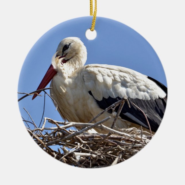 White stork in its nest ceramic tree decoration (Front)