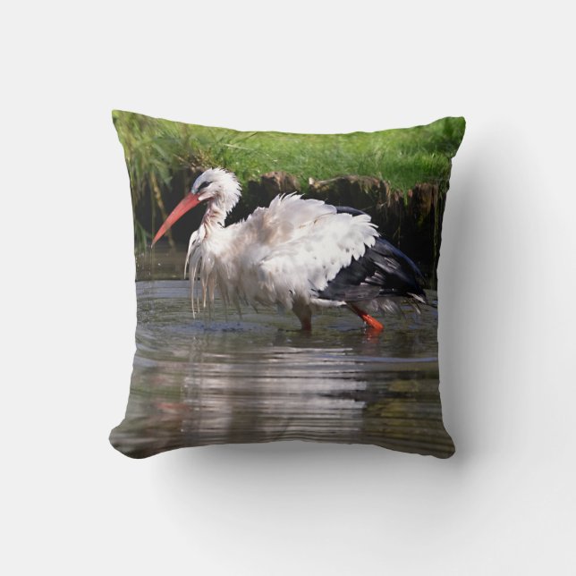 White stork in water postcard metal ornament T-Shi Cushion (Front)